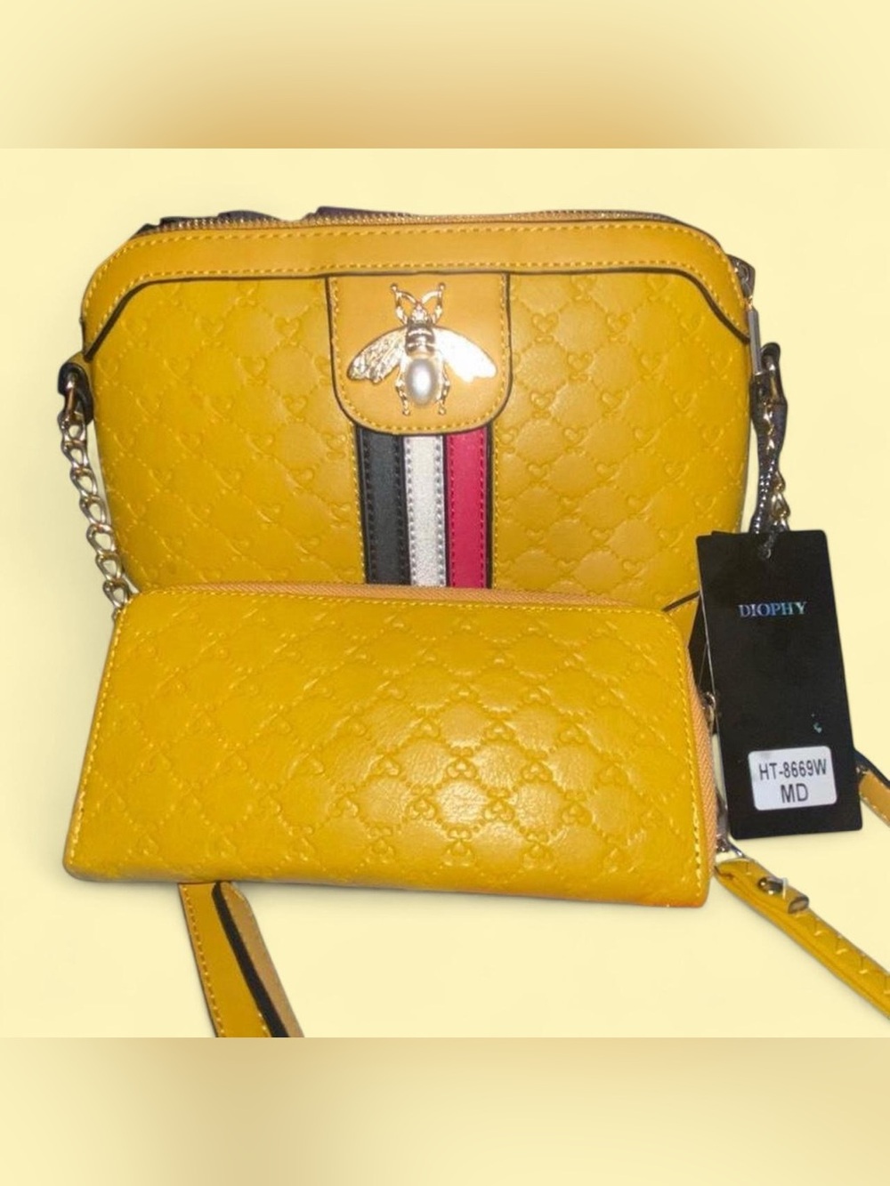 Diophy Designer Handbag | Vibrant Yellow Quilted Crossbody Bag with Chain Strap